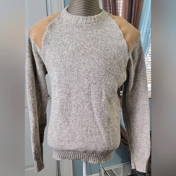 Vintg Early 80s Sweater Mens L Oatmeal Tan w/ Leather Patches Wool Blend US Made - Picture 1 of 11